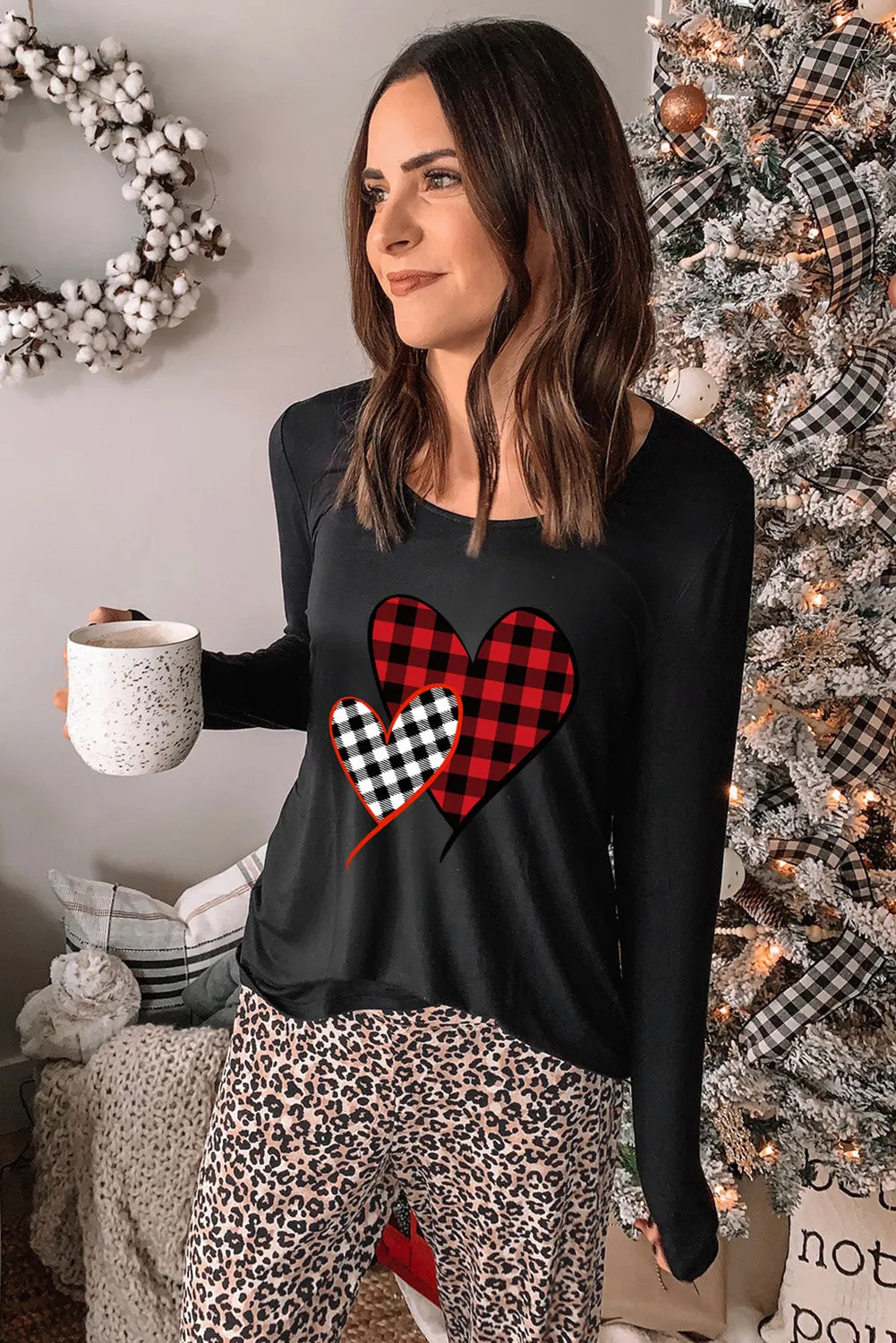 Plaid Heart Long Sleeve Pullover and Leopard Pants Lounge Set