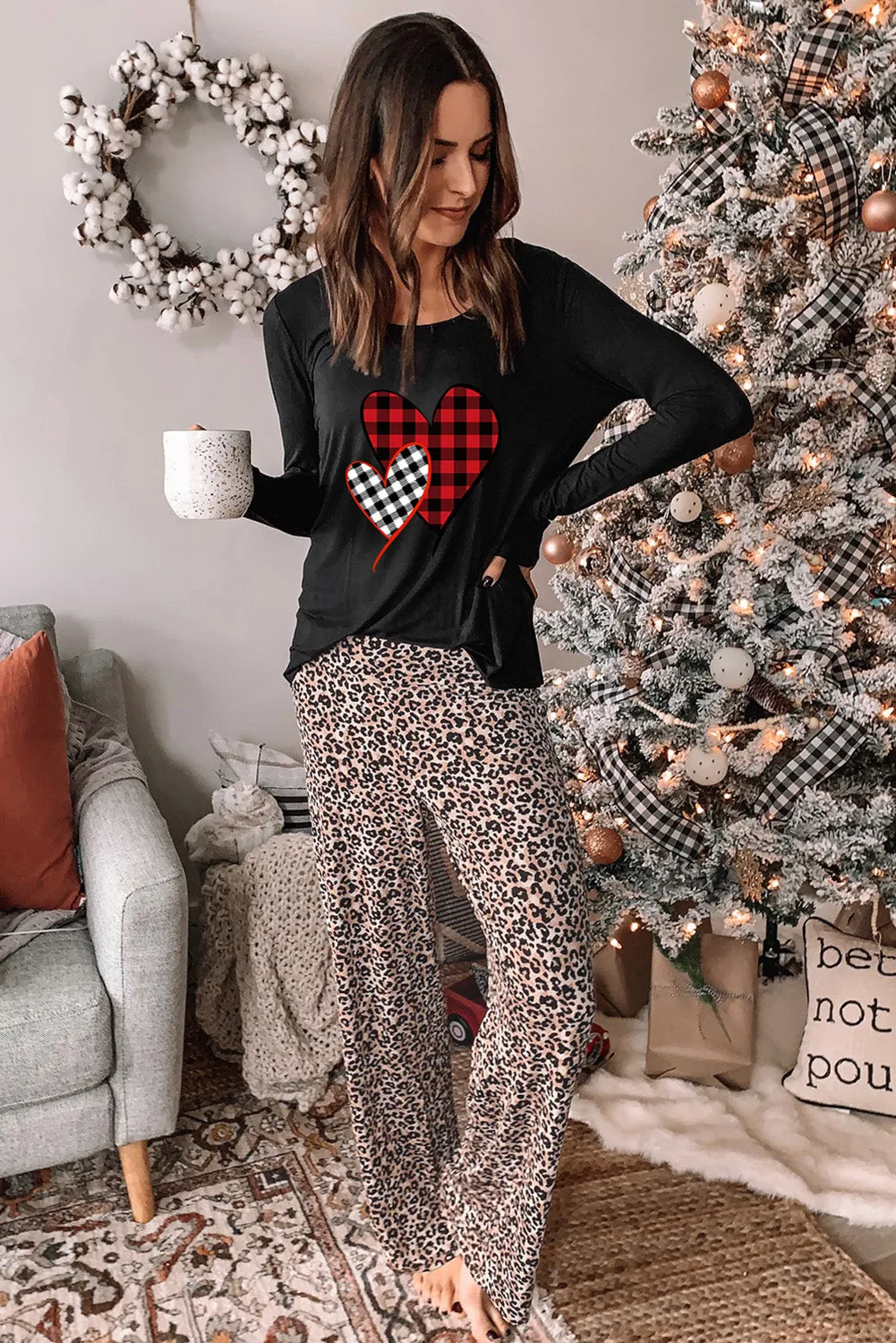 Plaid Heart Long Sleeve Pullover and Leopard Pants Lounge Set