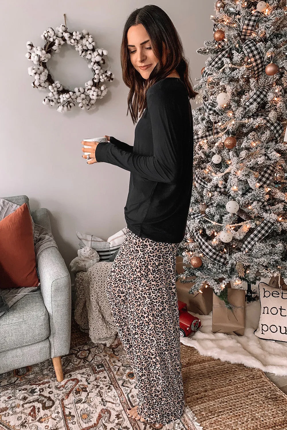 Plaid Heart Long Sleeve Pullover and Leopard Pants Lounge Set