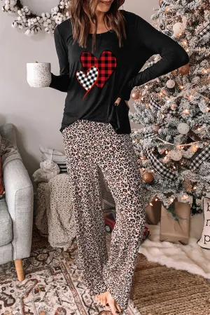 Plaid Heart Long Sleeve Pullover and Leopard Pants Lounge Set