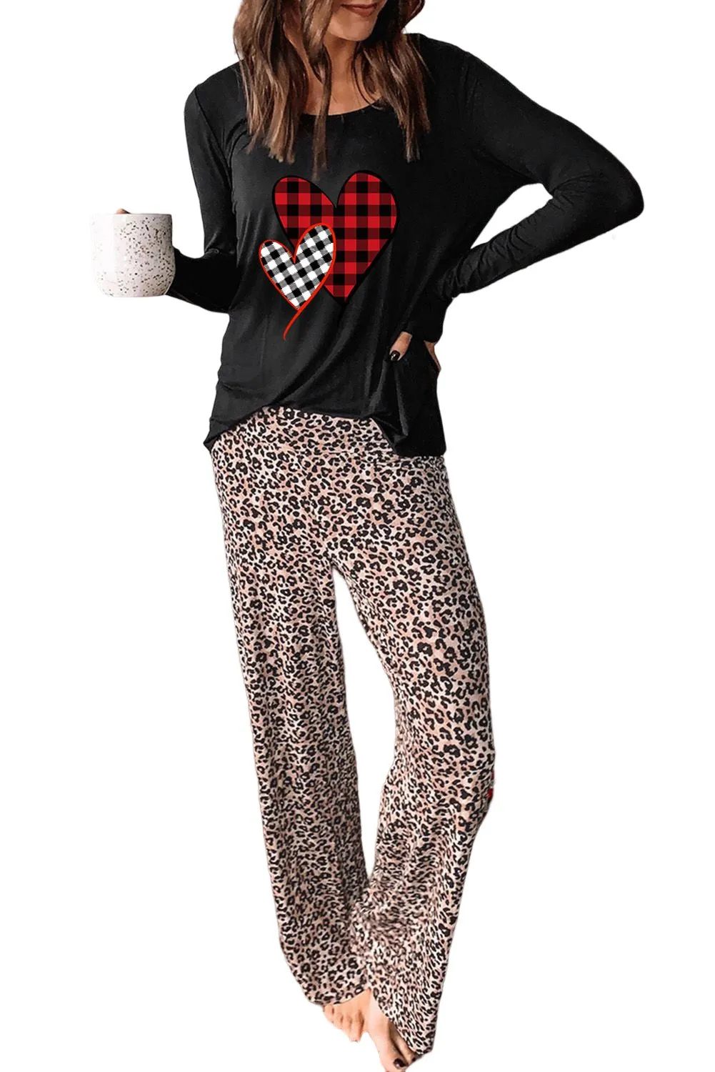 Plaid Heart Long Sleeve Pullover and Leopard Pants Lounge Set