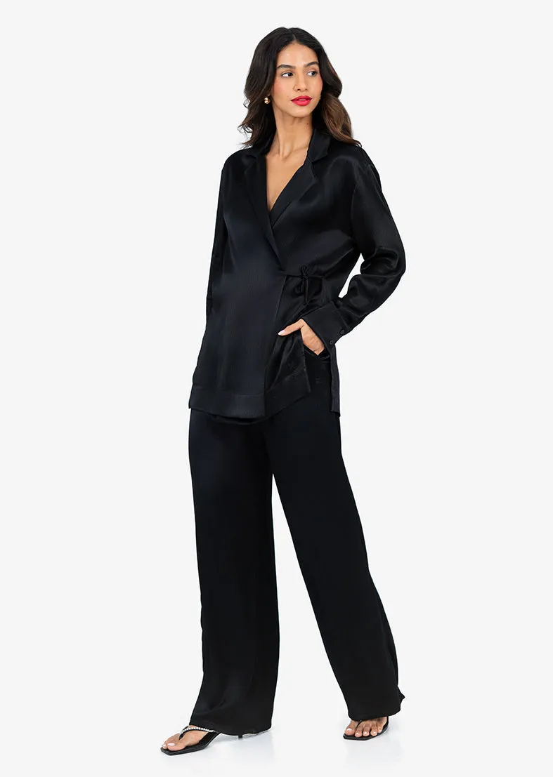 Plisse Side Tie Jacket Black Shiny