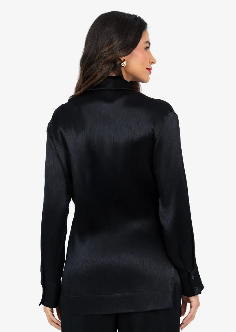 Plisse Side Tie Jacket Black Shiny