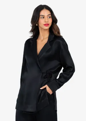 Plisse Side Tie Jacket Black Shiny