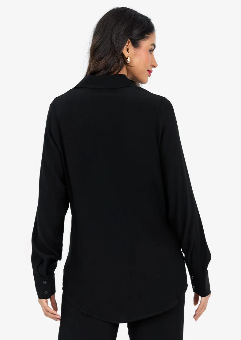 Plisse Split Hem Shirt Black