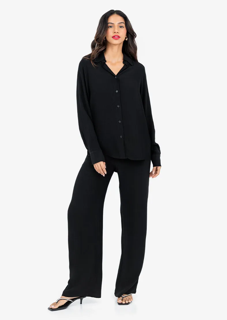 Plisse Split Hem Shirt Black
