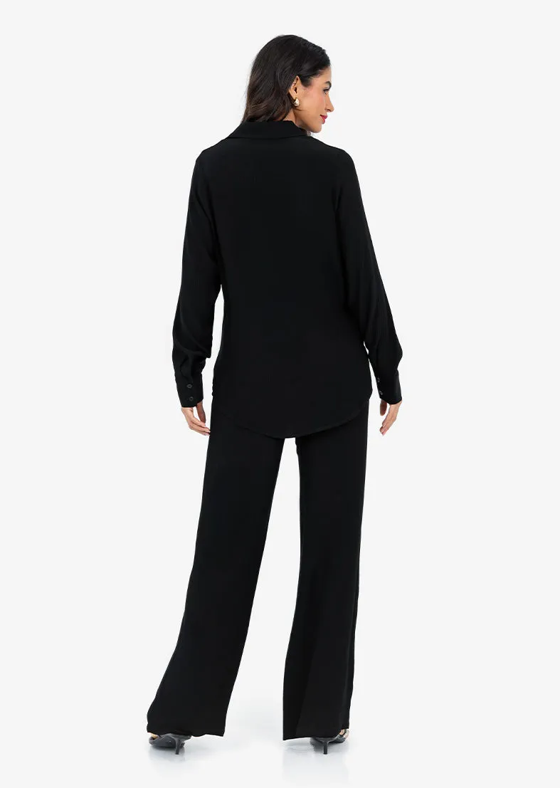 Plisse Split Hem Shirt Black
