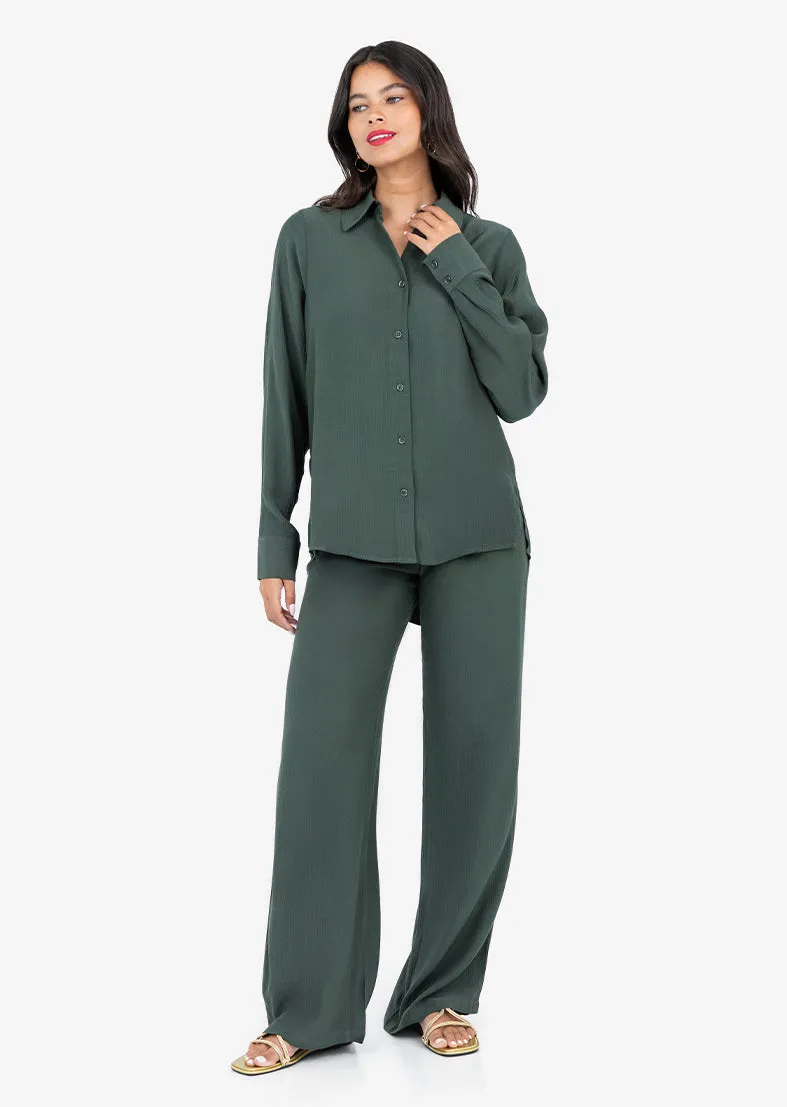Plisse Split Hem Shirt Ivy Green