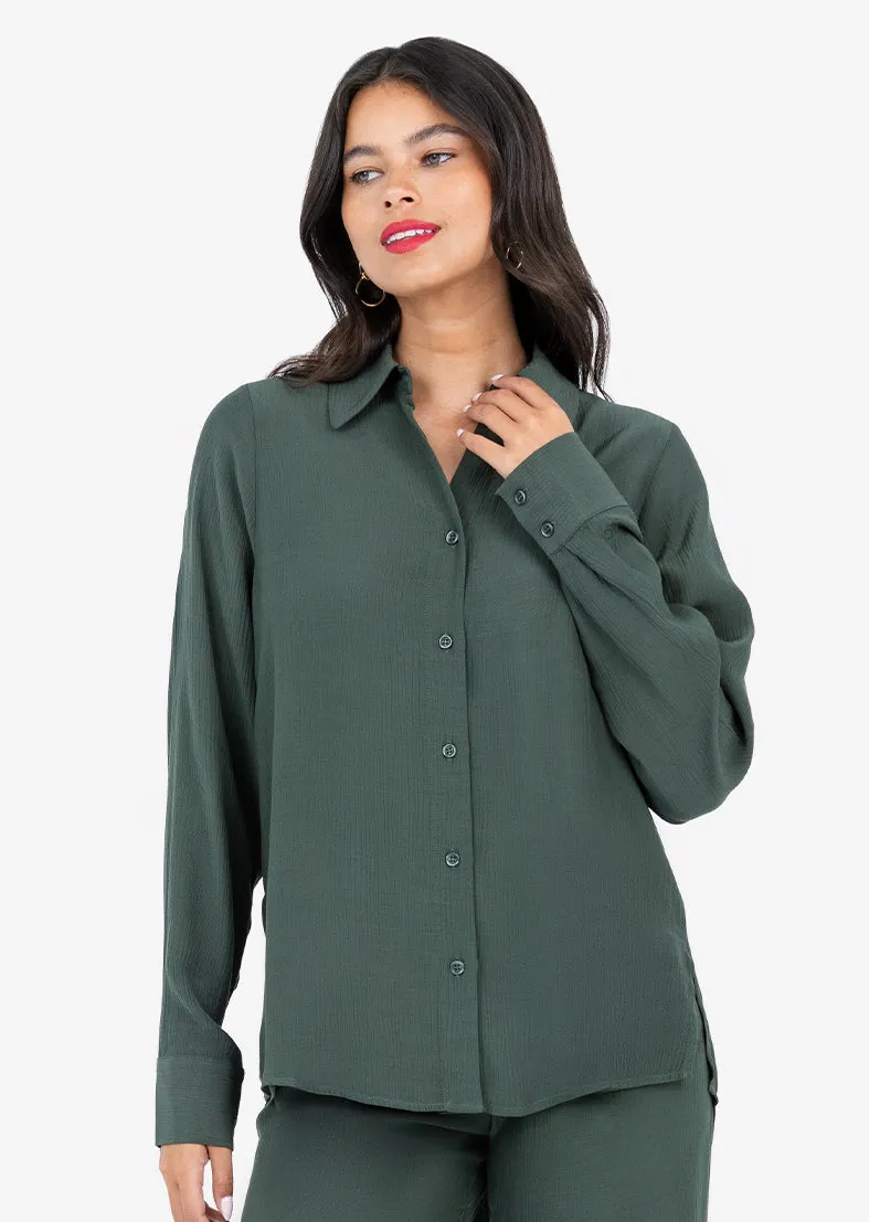 Plisse Split Hem Shirt Ivy Green