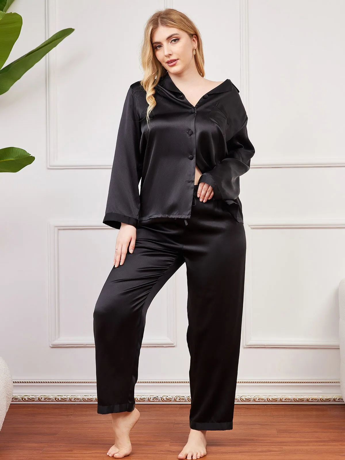 Plus Size Pure Zijde Knopjes Pyjama voor Vrouwen