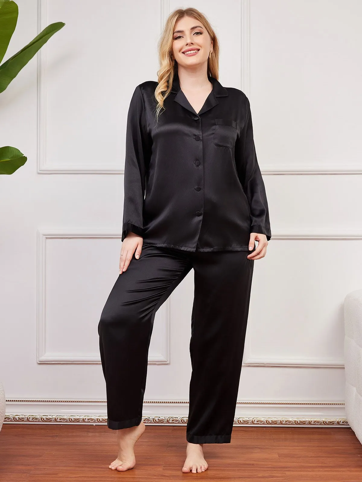 Plus Size Pure Zijde Knopjes Pyjama voor Vrouwen