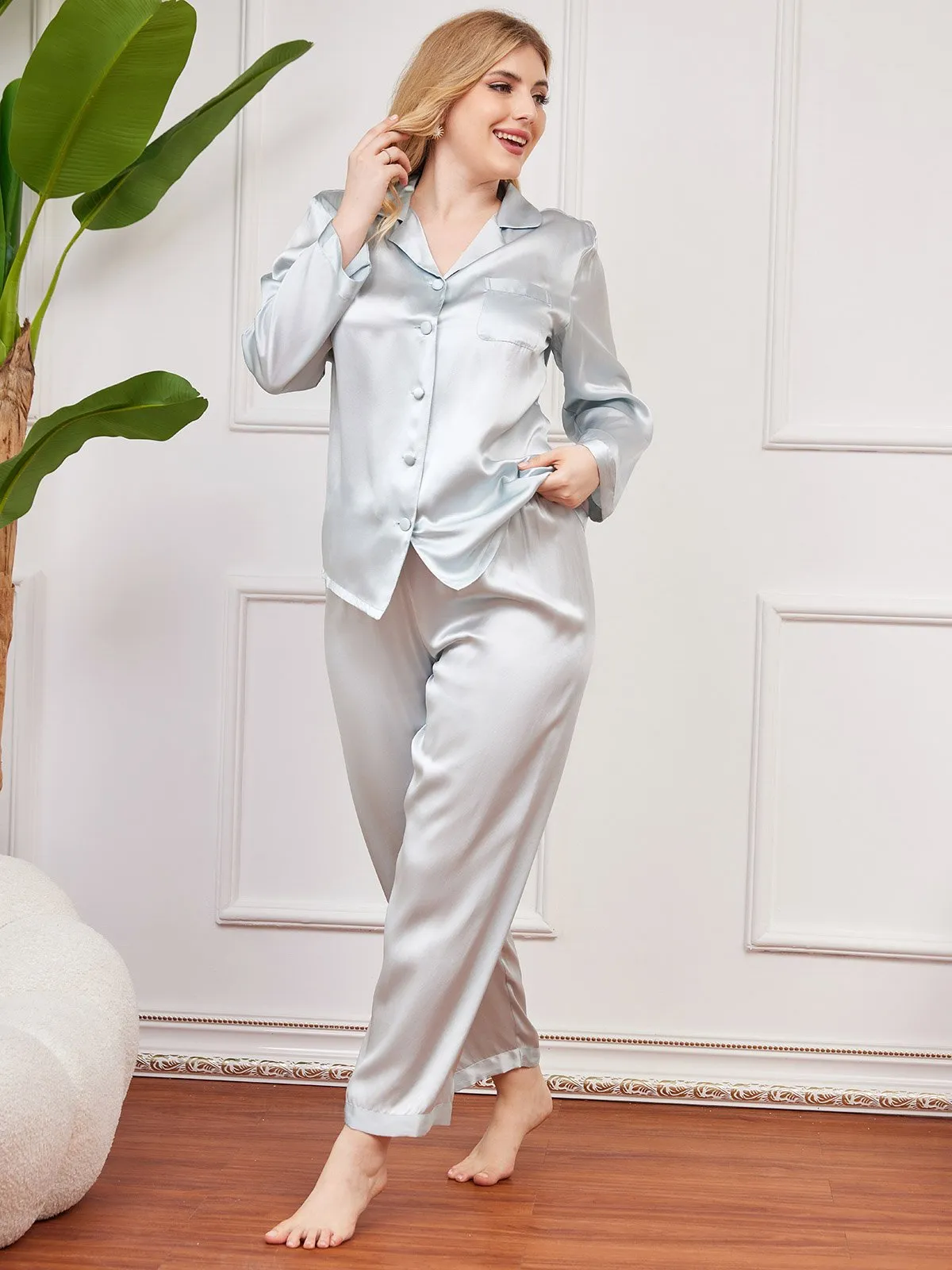Plus Size Pure Zijde Knopjes Pyjama voor Vrouwen