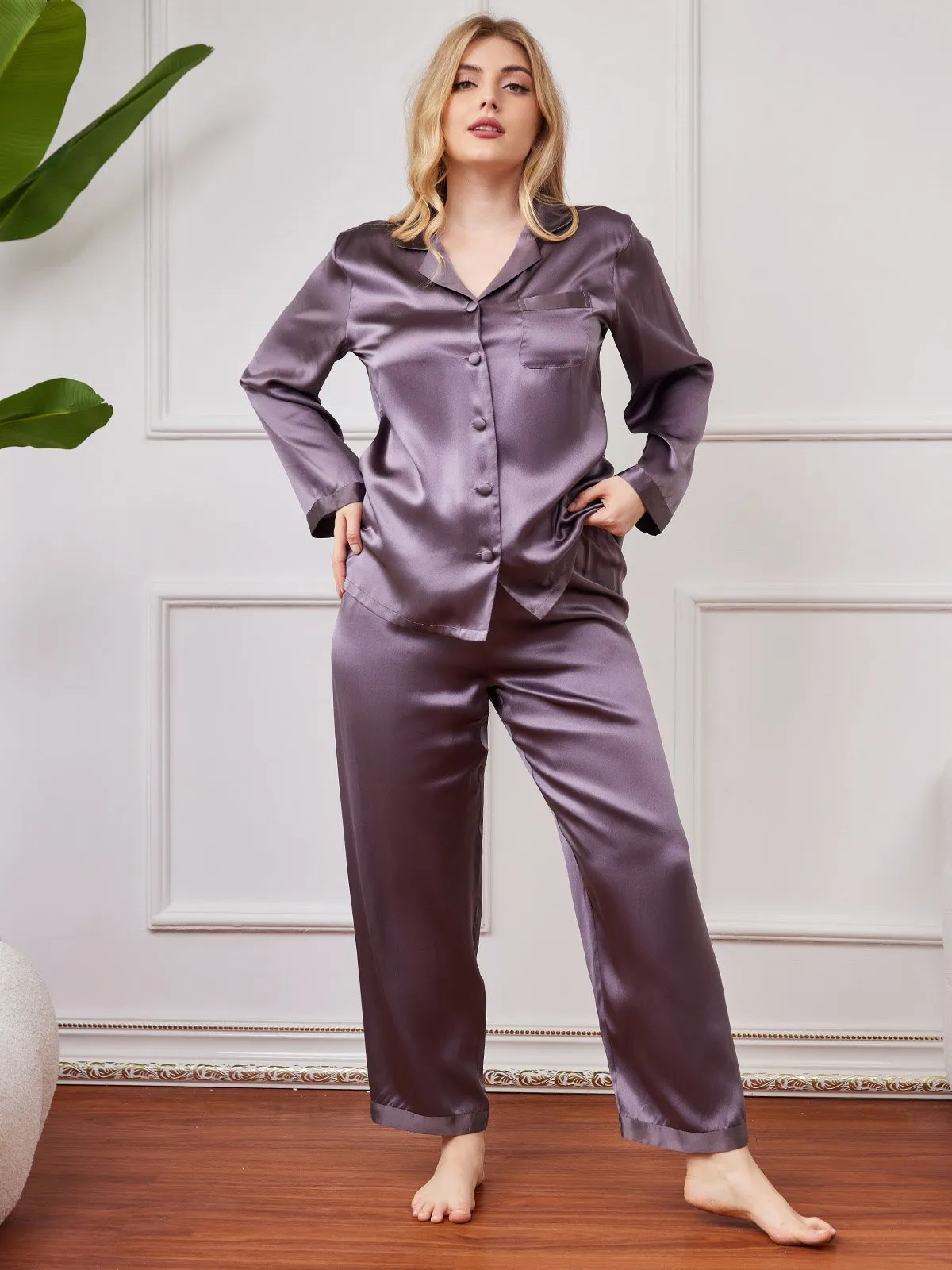 Plus Size Pure Zijde Knopjes Pyjama voor Vrouwen