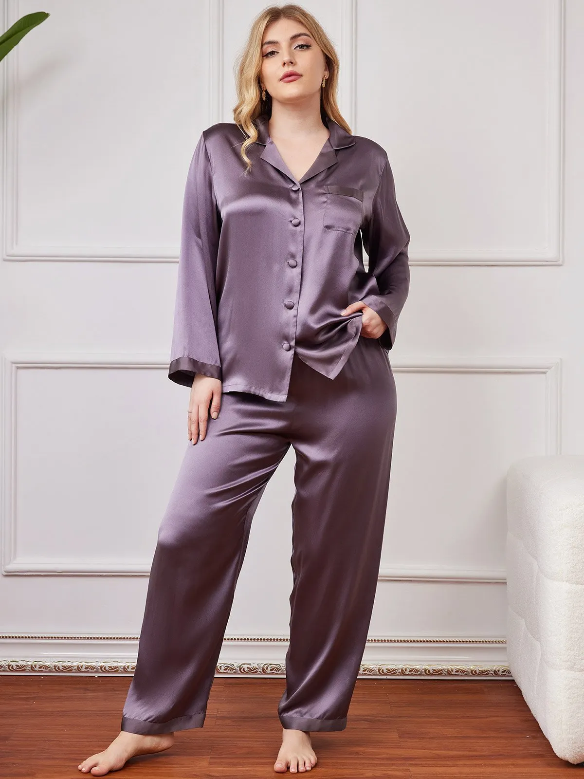 Plus Size Pure Zijde Knopjes Pyjama voor Vrouwen