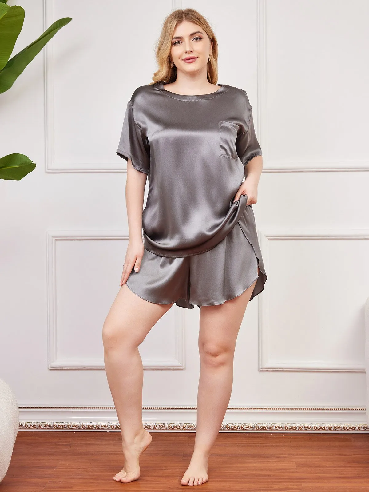 Plus Size Pure Zijde Korte Mouw Pyjama Set