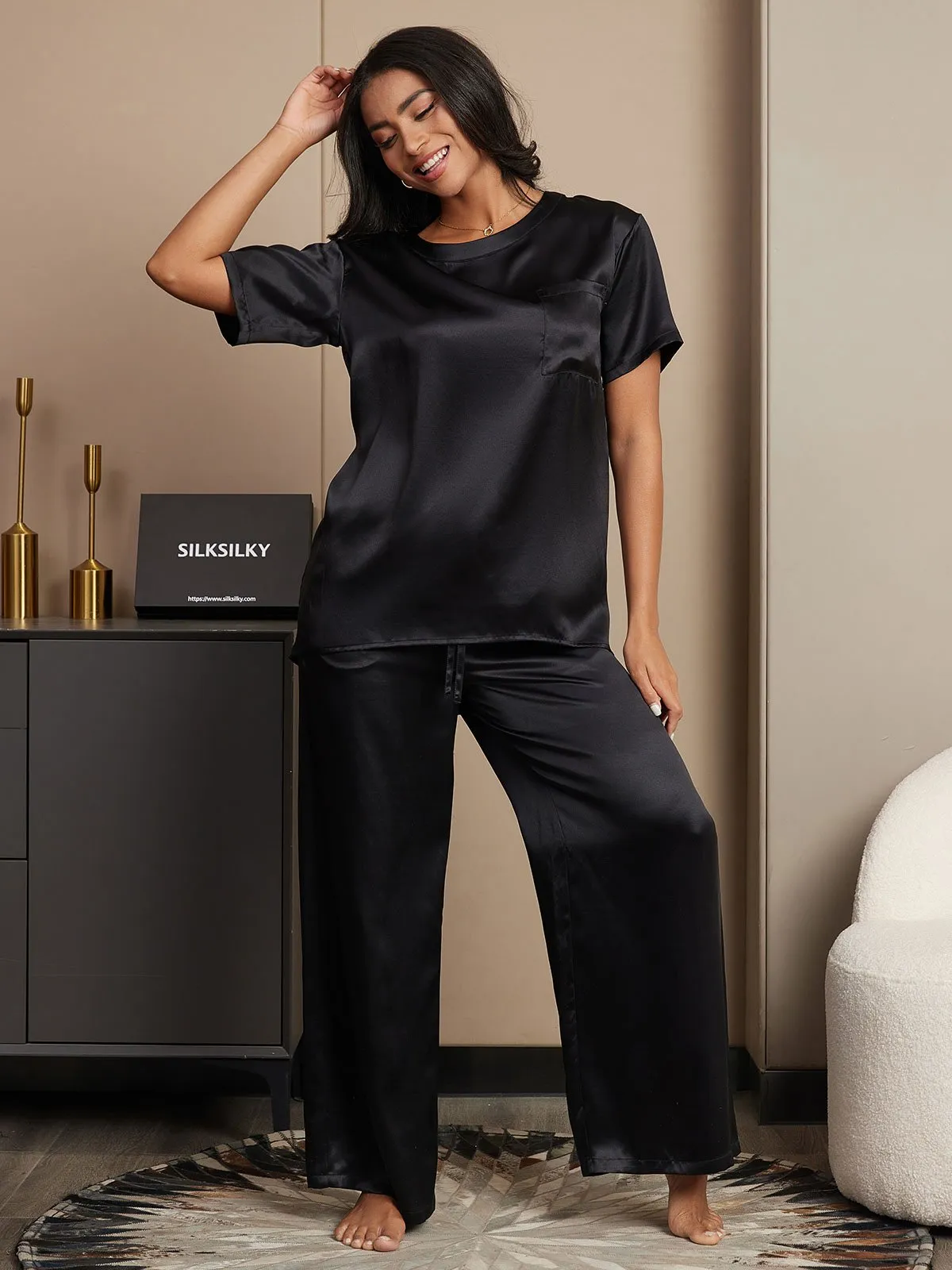 Pure Zijde Korte Mouwen Pyjama Set