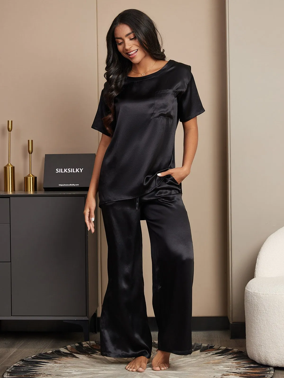 Pure Zijde Korte Mouwen Pyjama Set