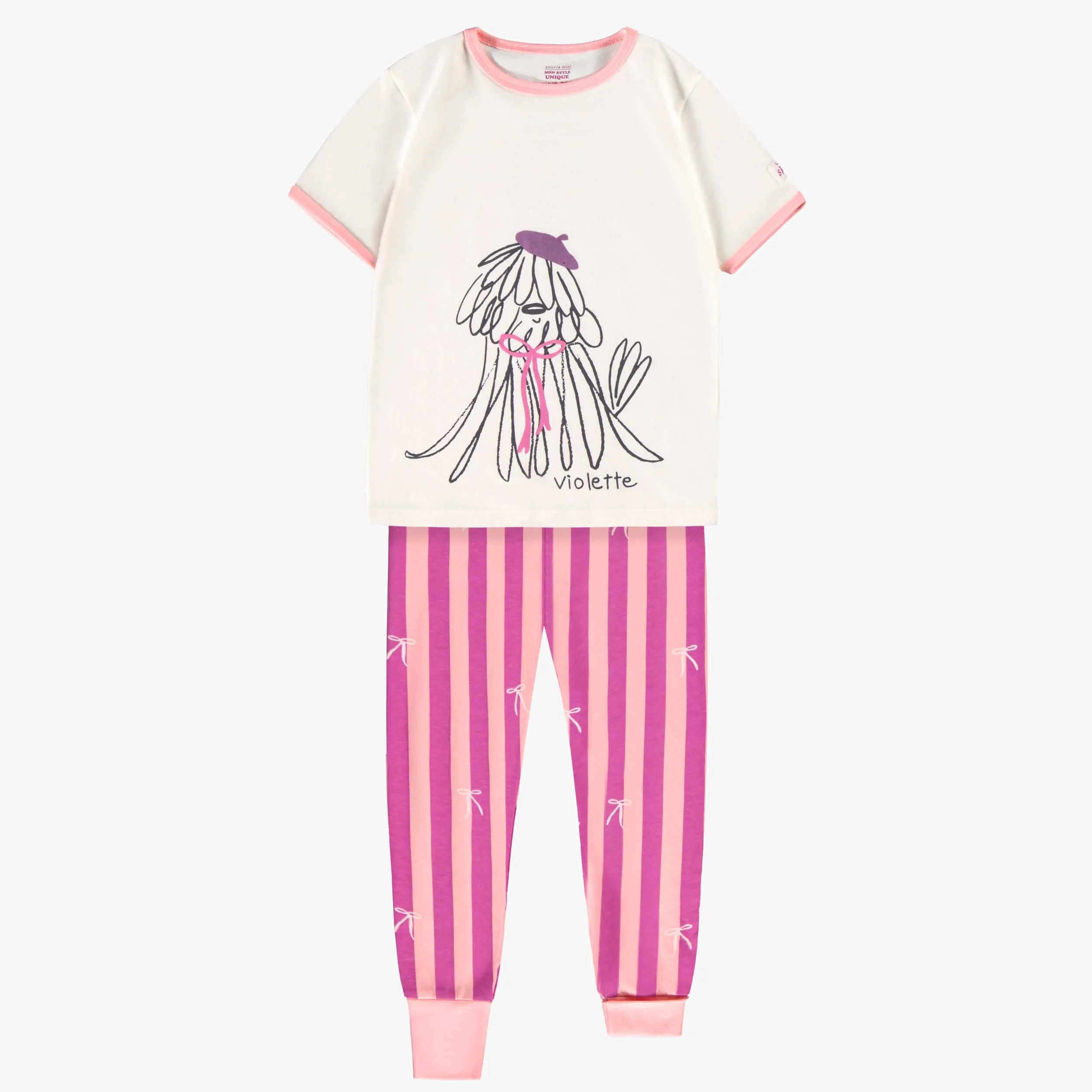 Pyjama deux pièces crème et mauve avec illustration, enfant  || Cream and purple two-piece pajamas, child
