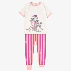 Pyjama deux pièces crème et mauve avec illustration, enfant  || Cream and purple two-piece pajamas, child