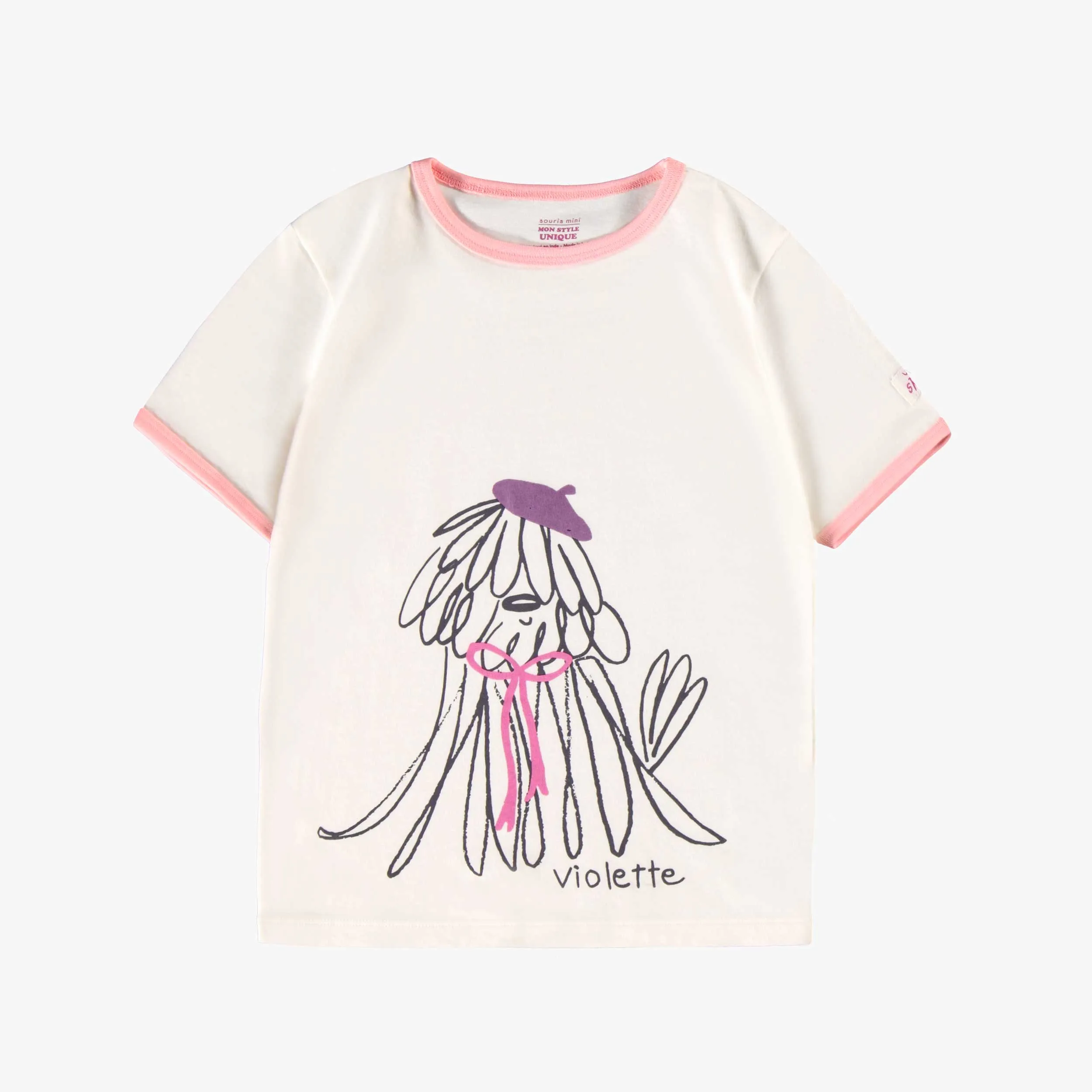 Pyjama deux pièces crème et mauve avec illustration, enfant  || Cream and purple two-piece pajamas, child