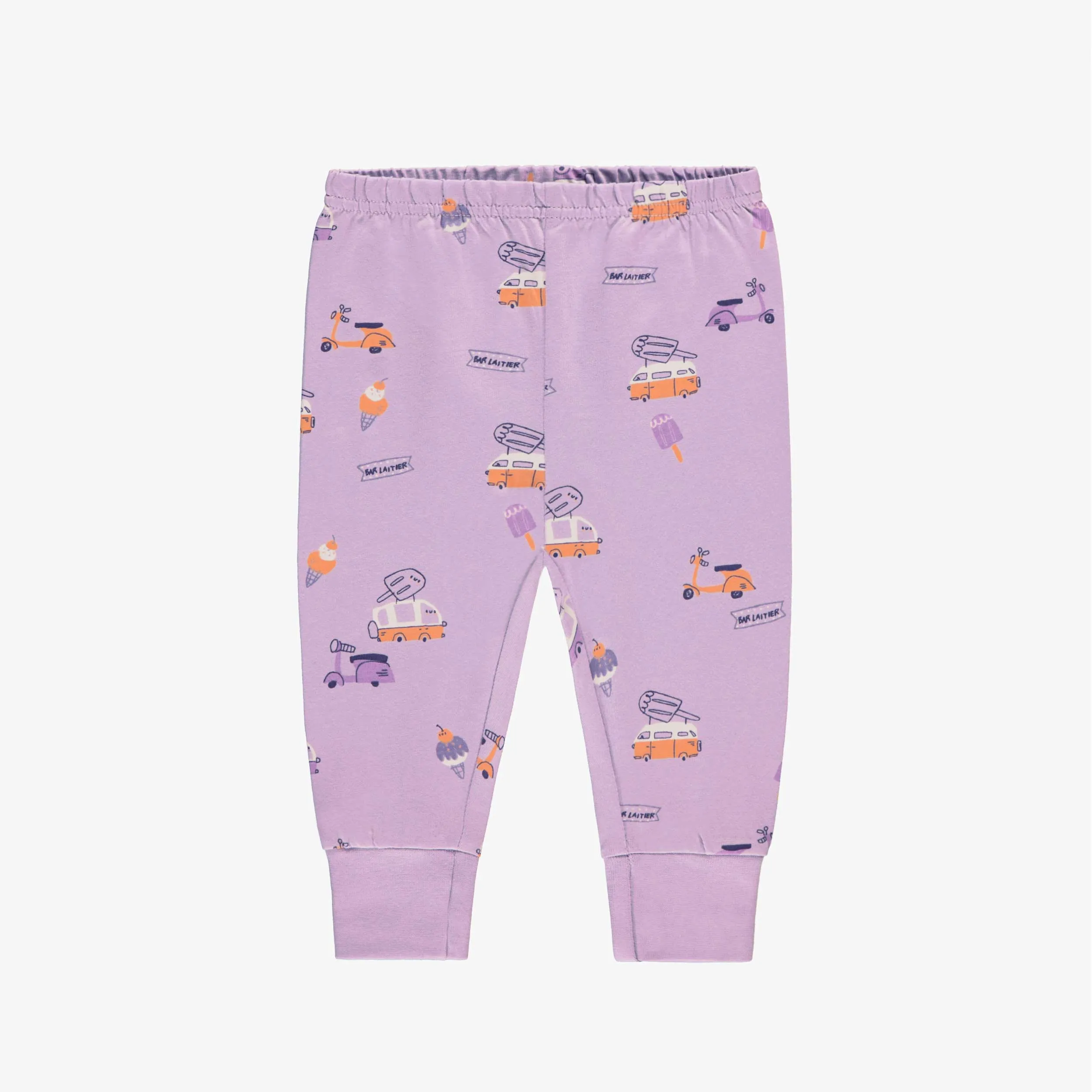 Pyjama deux pièces lilas et crème à motifs et illustration, bébé || Two piece lilac and cream pajamas with all over print and illustration, baby