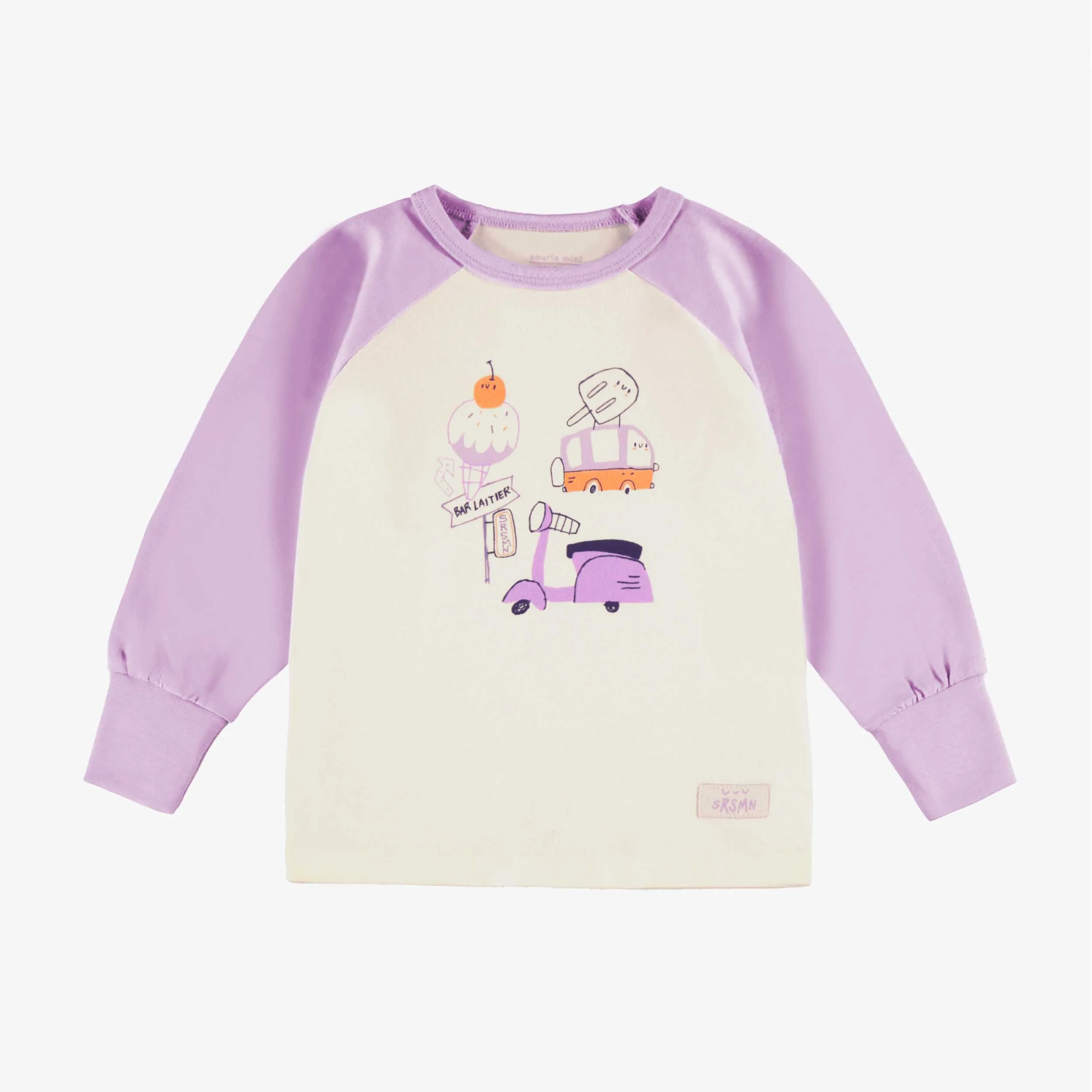 Pyjama deux pièces lilas et crème à motifs et illustration, bébé || Two piece lilac and cream pajamas with all over print and illustration, baby