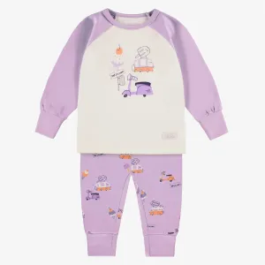 Pyjama deux pièces lilas et crème à motifs et illustration, bébé || Two piece lilac and cream pajamas with all over print and illustration, baby