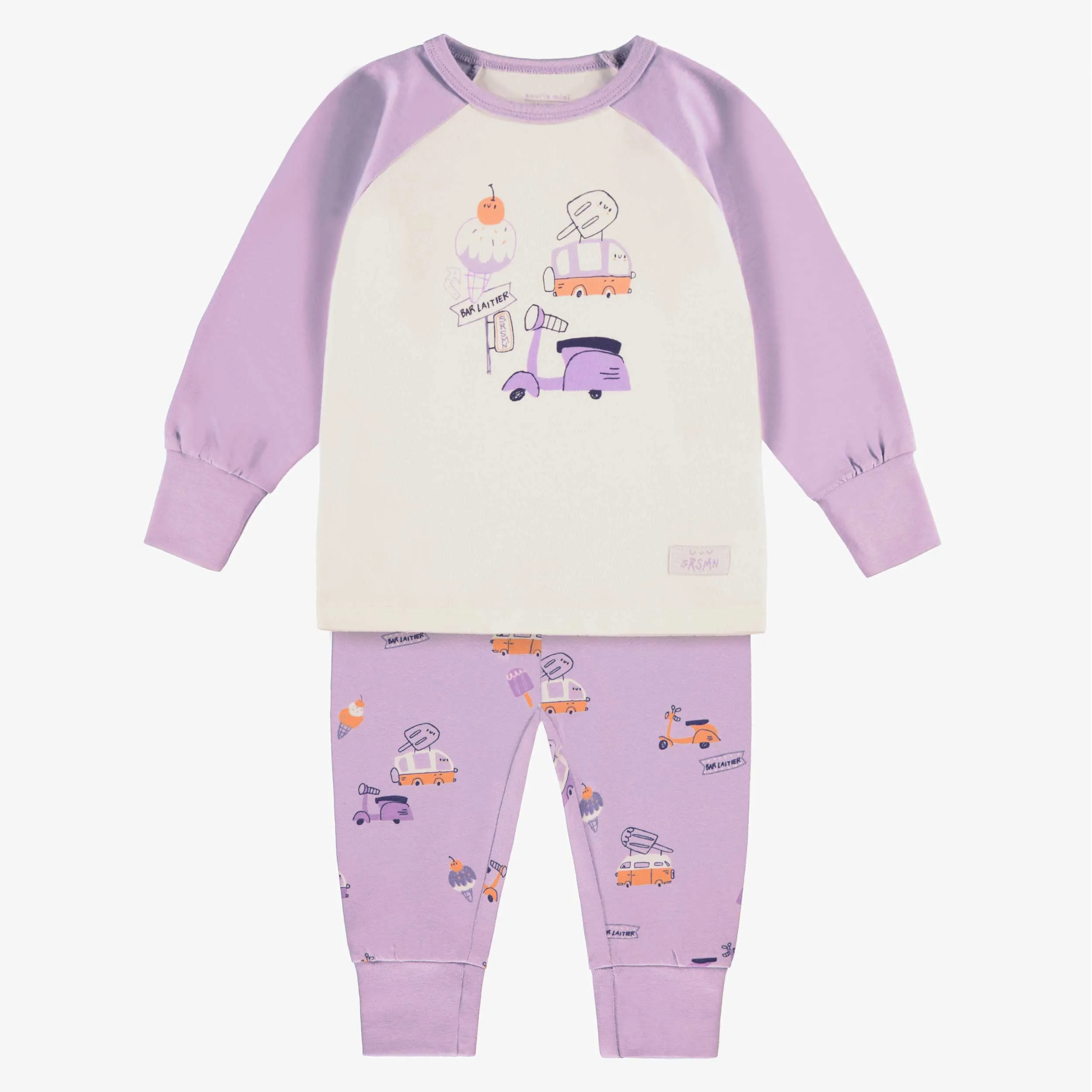 Pyjama deux pièces lilas et crème à motifs et illustration, bébé || Two piece lilac and cream pajamas with all over print and illustration, baby