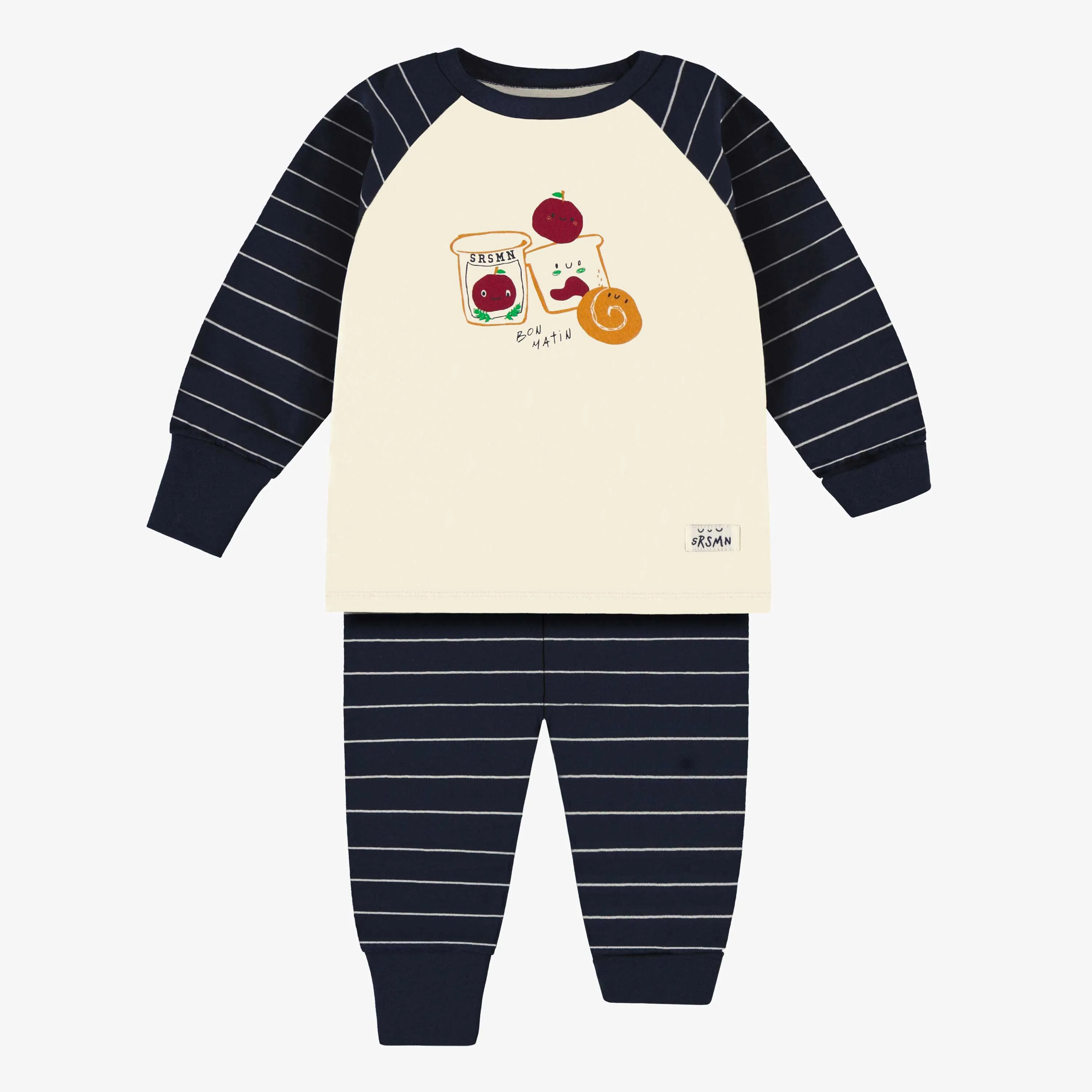 Pyjama deux pièces marine et crème rayé avec illustration en jersey, bébé || Two pieces navy and cream striped pajamas with illustration in jersey, baby