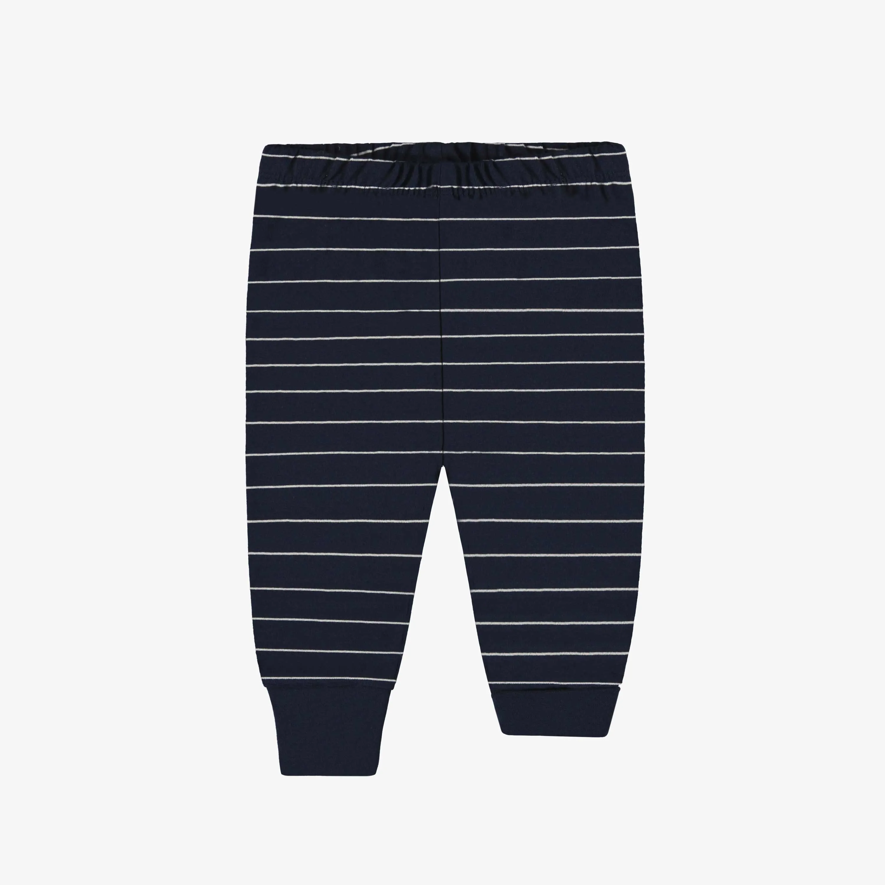 Pyjama deux pièces marine et crème rayé avec illustration en jersey, bébé || Two pieces navy and cream striped pajamas with illustration in jersey, baby