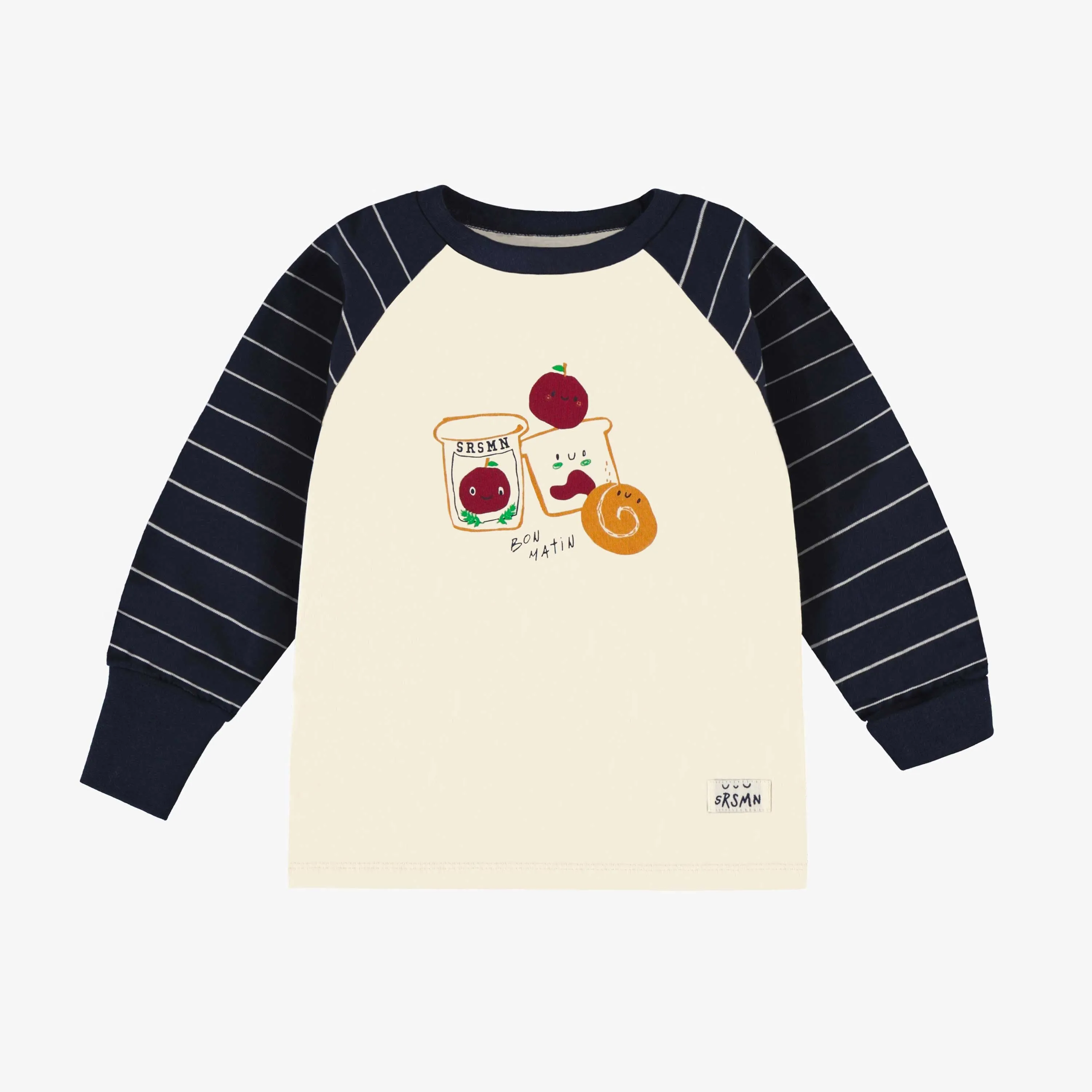 Pyjama deux pièces marine et crème rayé avec illustration en jersey, bébé || Two pieces navy and cream striped pajamas with illustration in jersey, baby