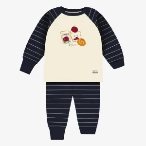 Pyjama deux pièces marine et crème rayé avec illustration en jersey, bébé || Two pieces navy and cream striped pajamas with illustration in jersey, baby