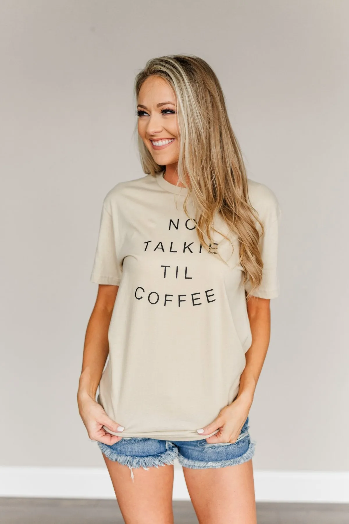 "No Talkie Til Coffee" Graphic Tee- Beige
