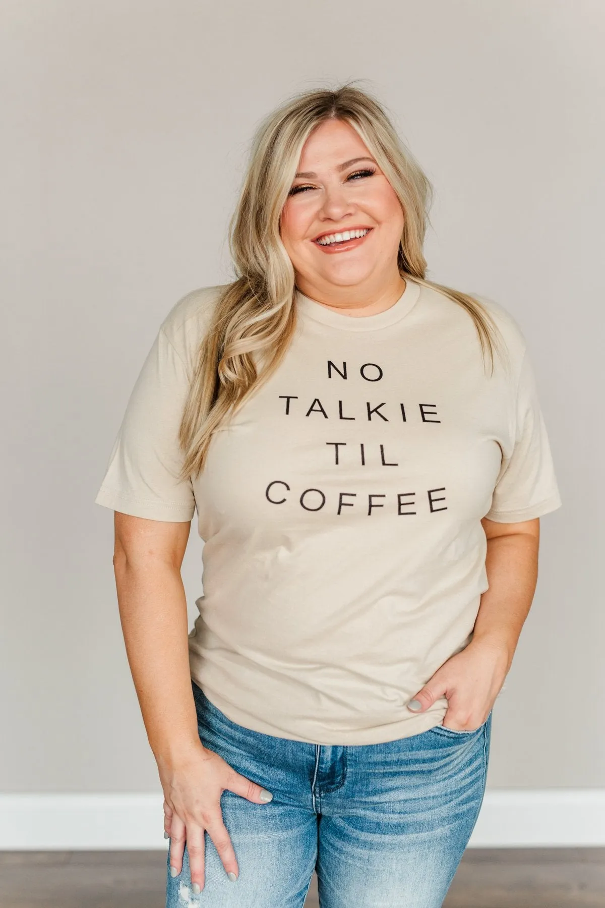 "No Talkie Til Coffee" Graphic Tee- Beige