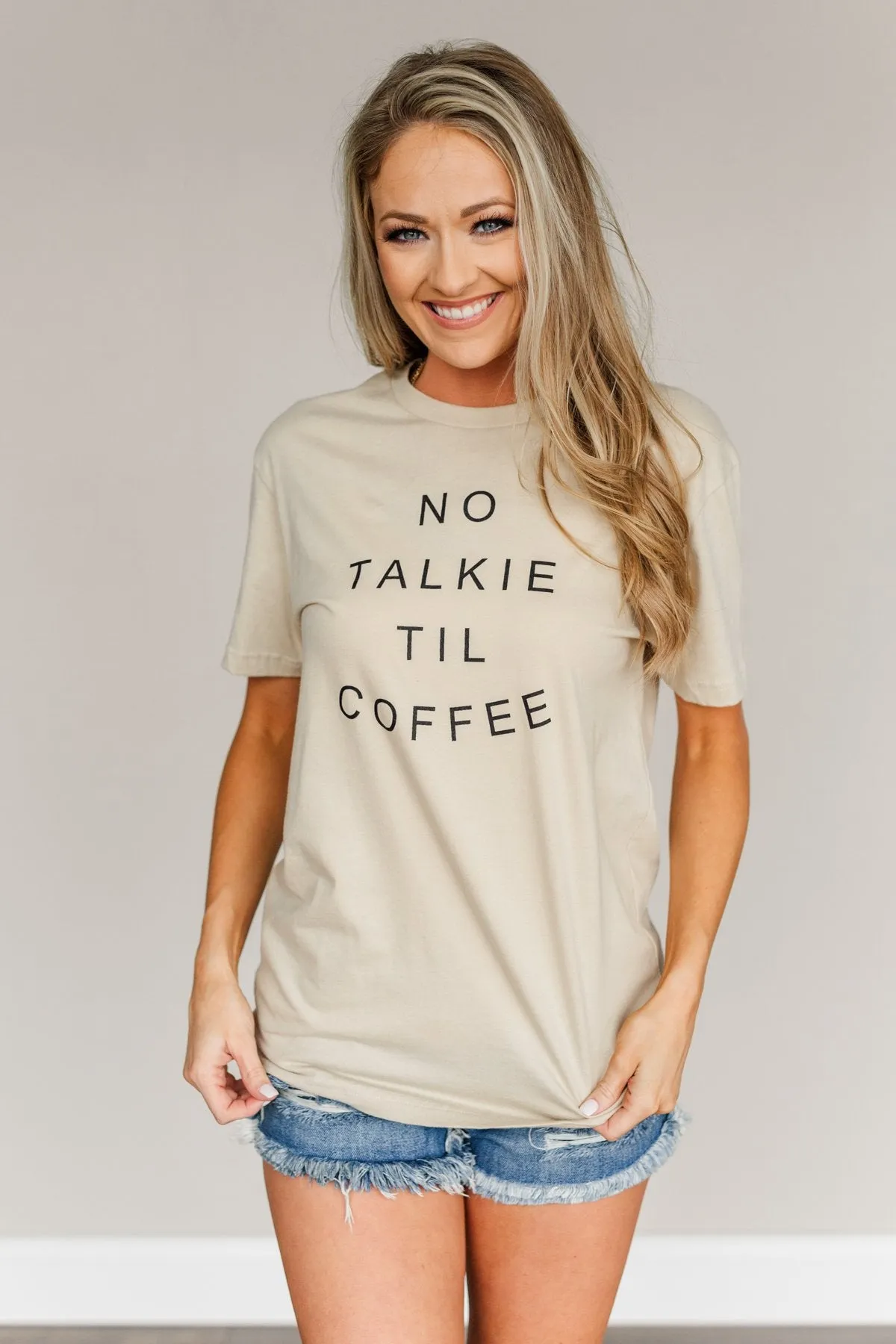 "No Talkie Til Coffee" Graphic Tee- Beige