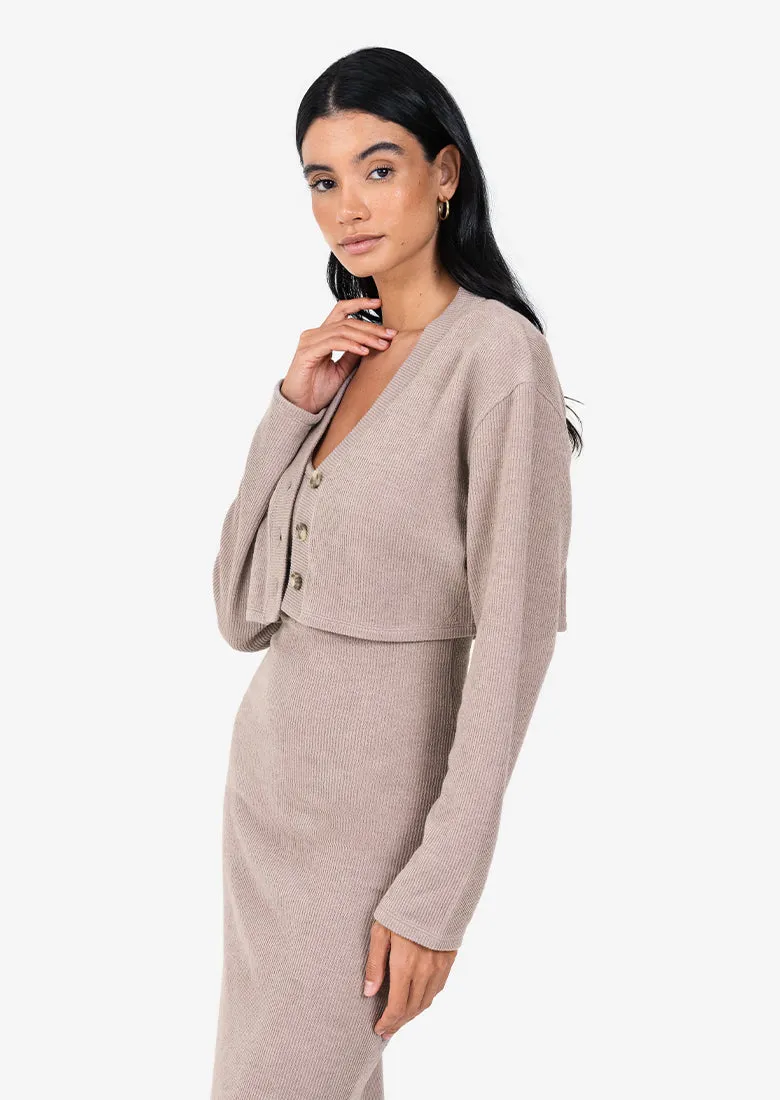 Rib Knit Lounge Cropped Cardigan Taupe FINAL SALE