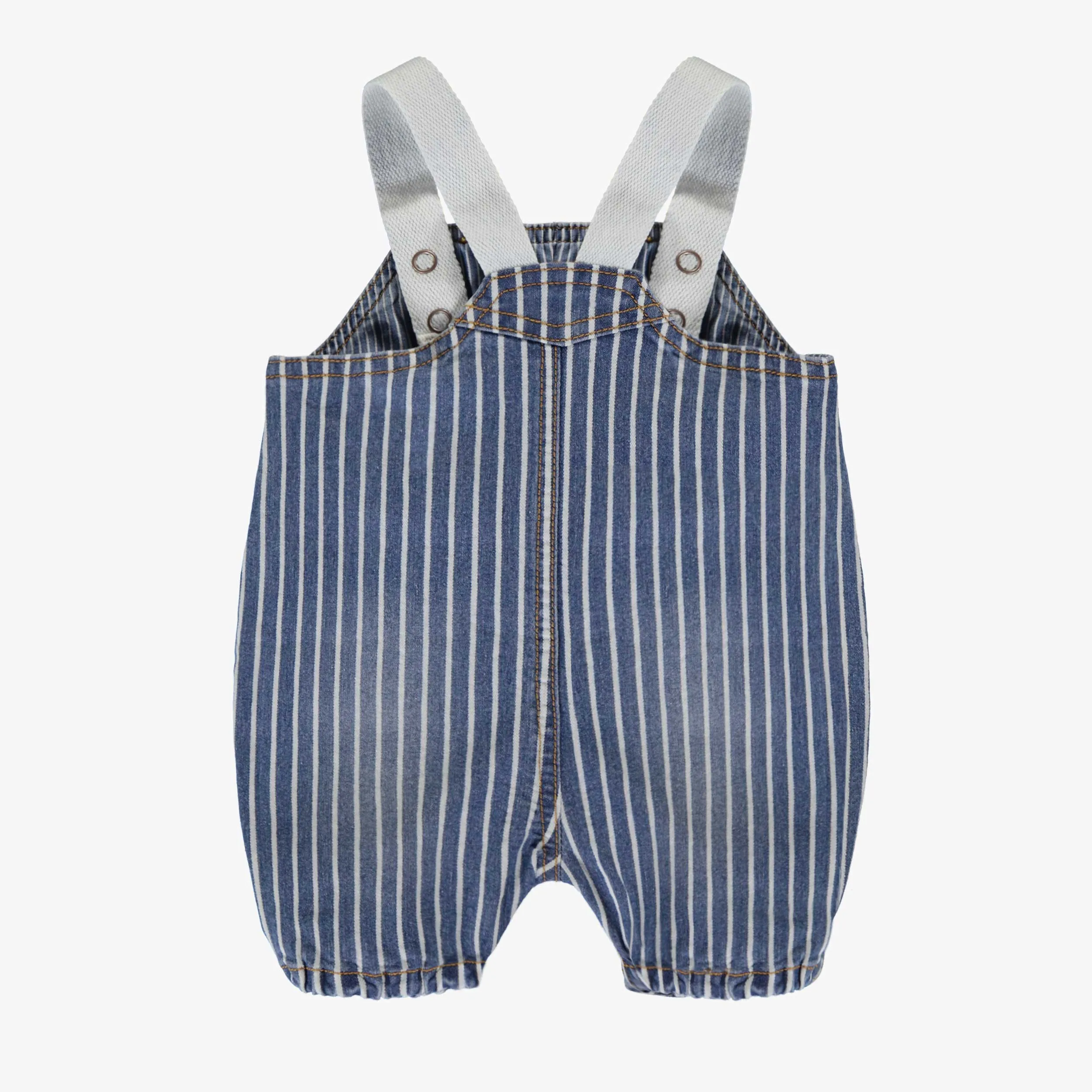 Salopette bleue et blanche en denim à rayures, naissance || Blue and white overalls in striped denim, newborn