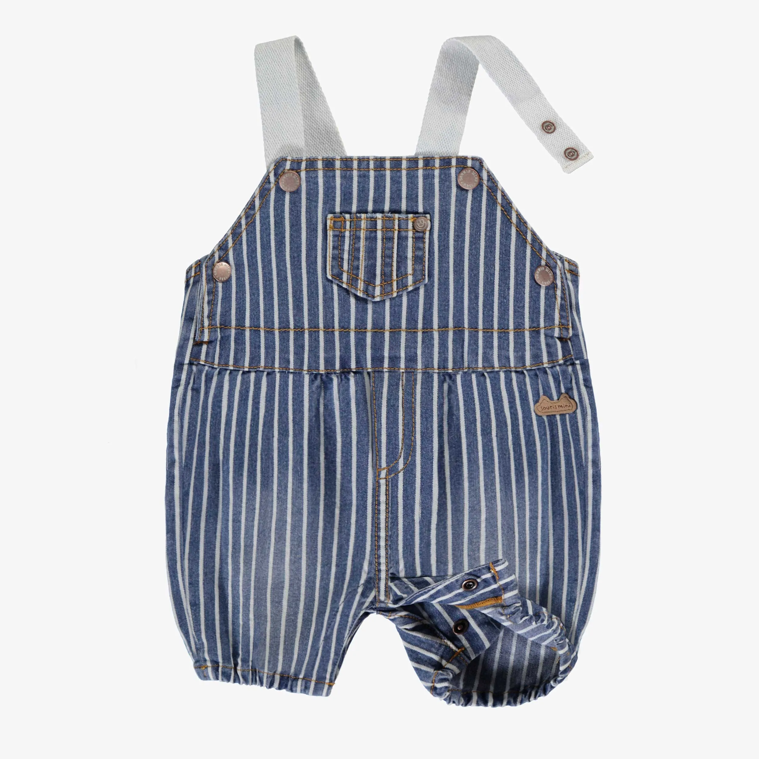 Salopette bleue et blanche en denim à rayures, naissance || Blue and white overalls in striped denim, newborn