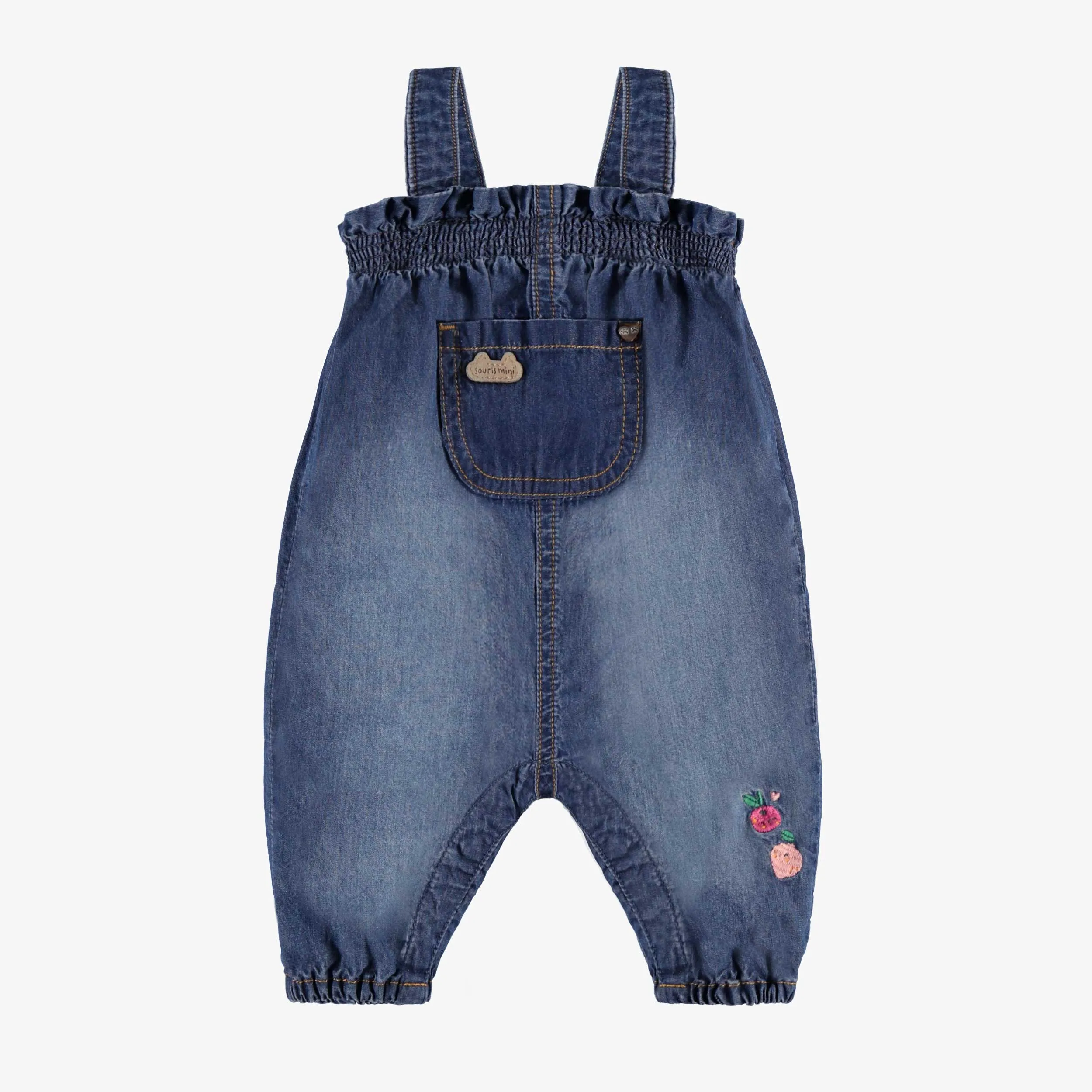 Salopette en denim bleu moyen au look usé, naissance || Mid-blue denim overalls with worn effect, newborn