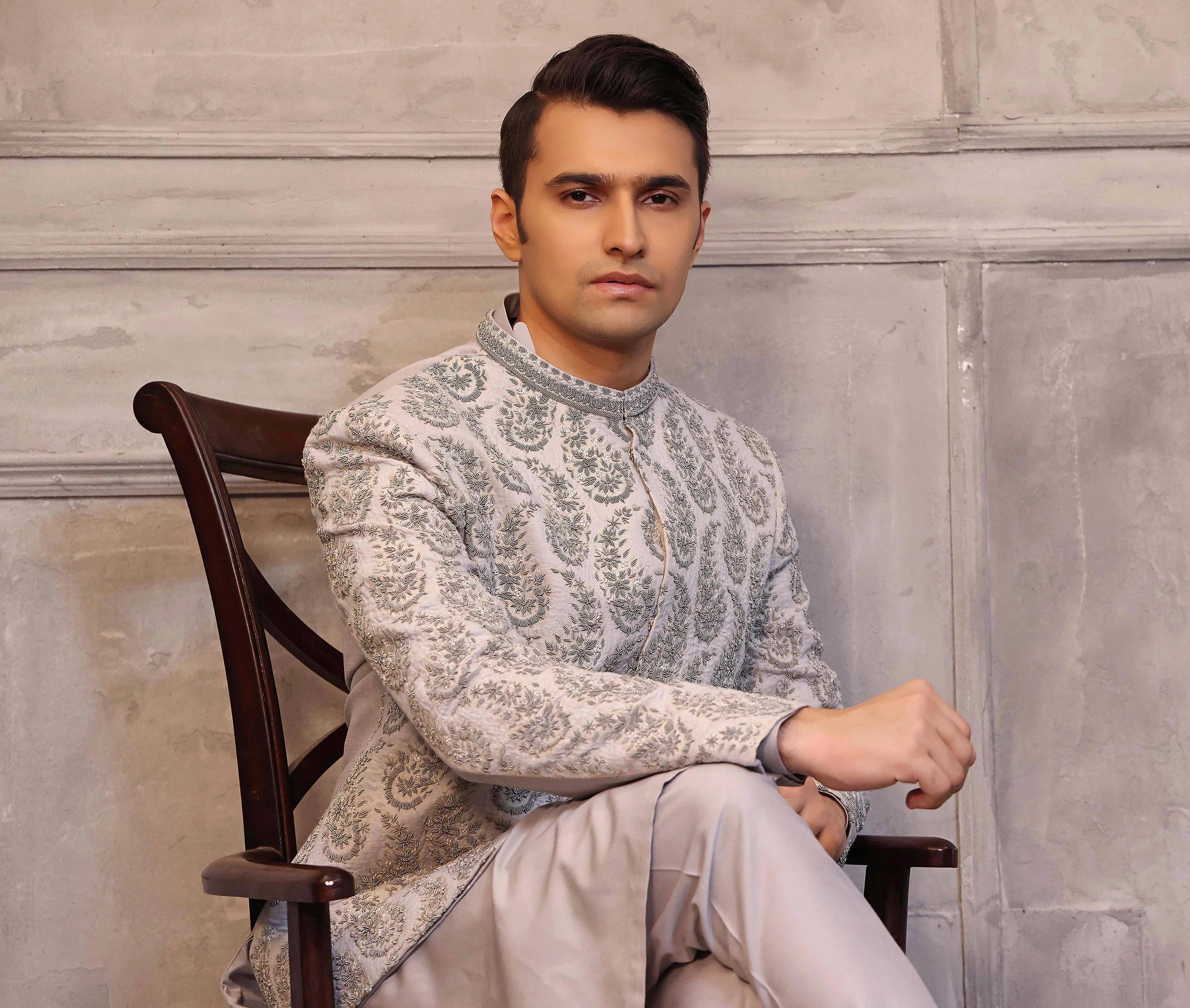 Silver Color Prince Coat with Matching Raw Silk Suit