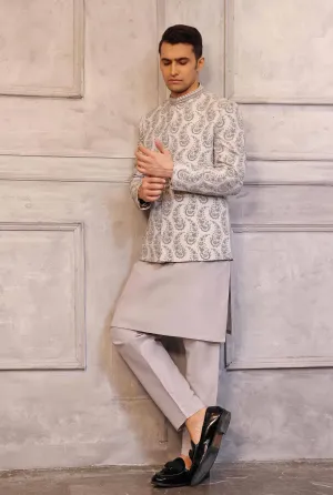 Silver Color Prince Coat with Matching Raw Silk Suit
