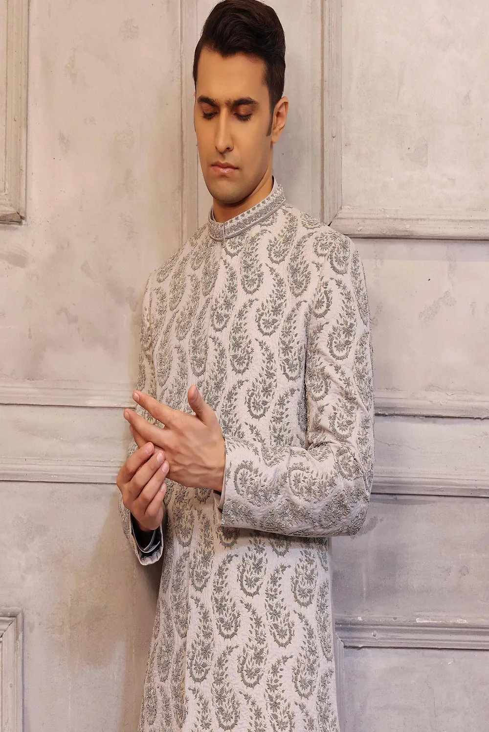 Silver Color Prince Coat with Matching Raw Silk Suit