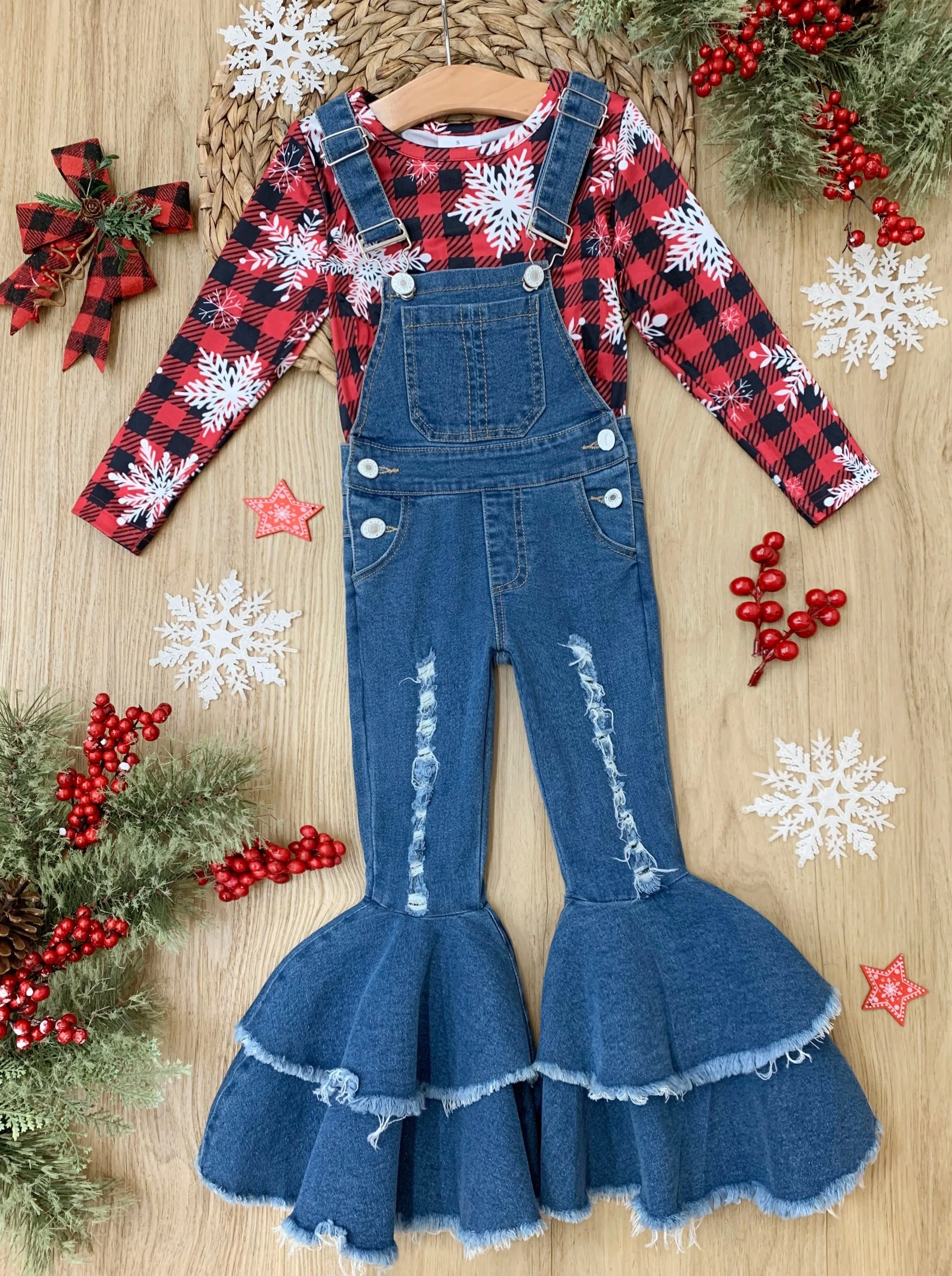 Snowflakes and Squares Flared Overall Set