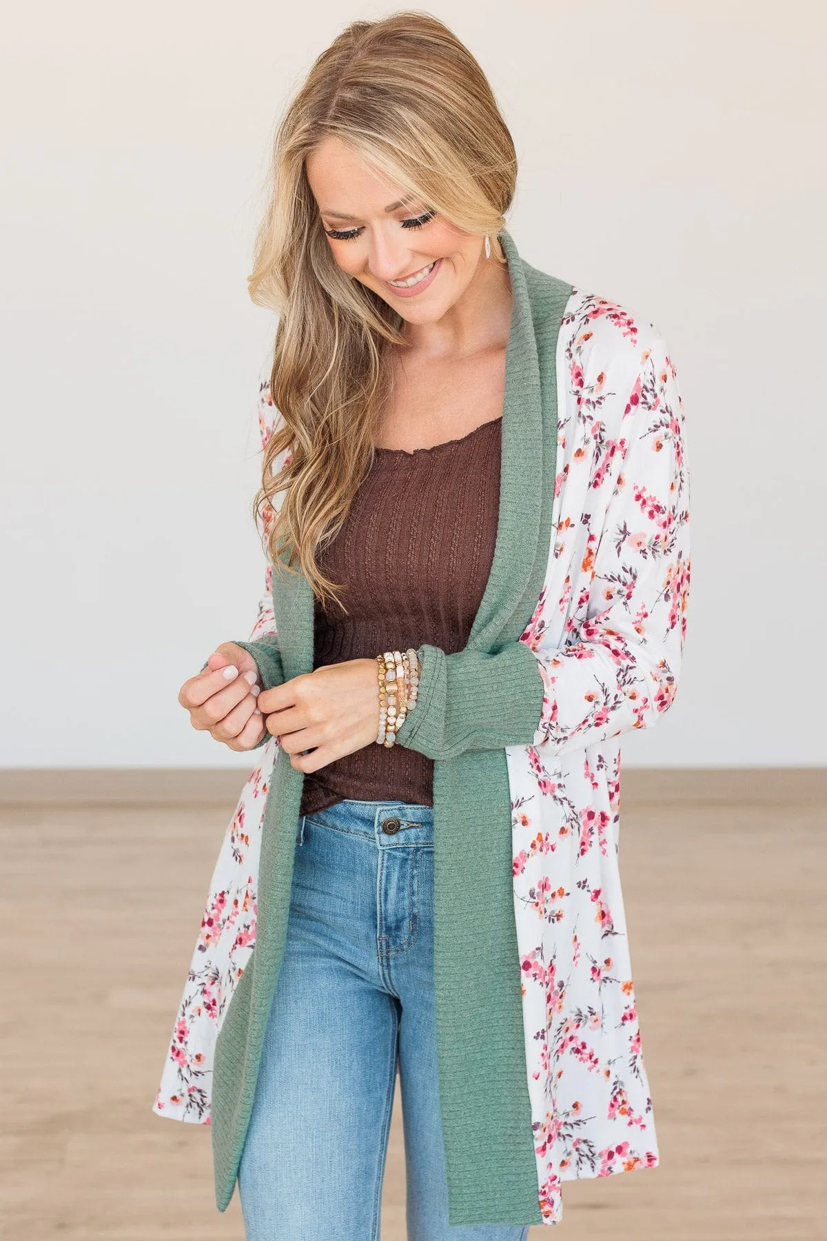 Soft For The Soul Floral Cardigan- Ivory & Sage