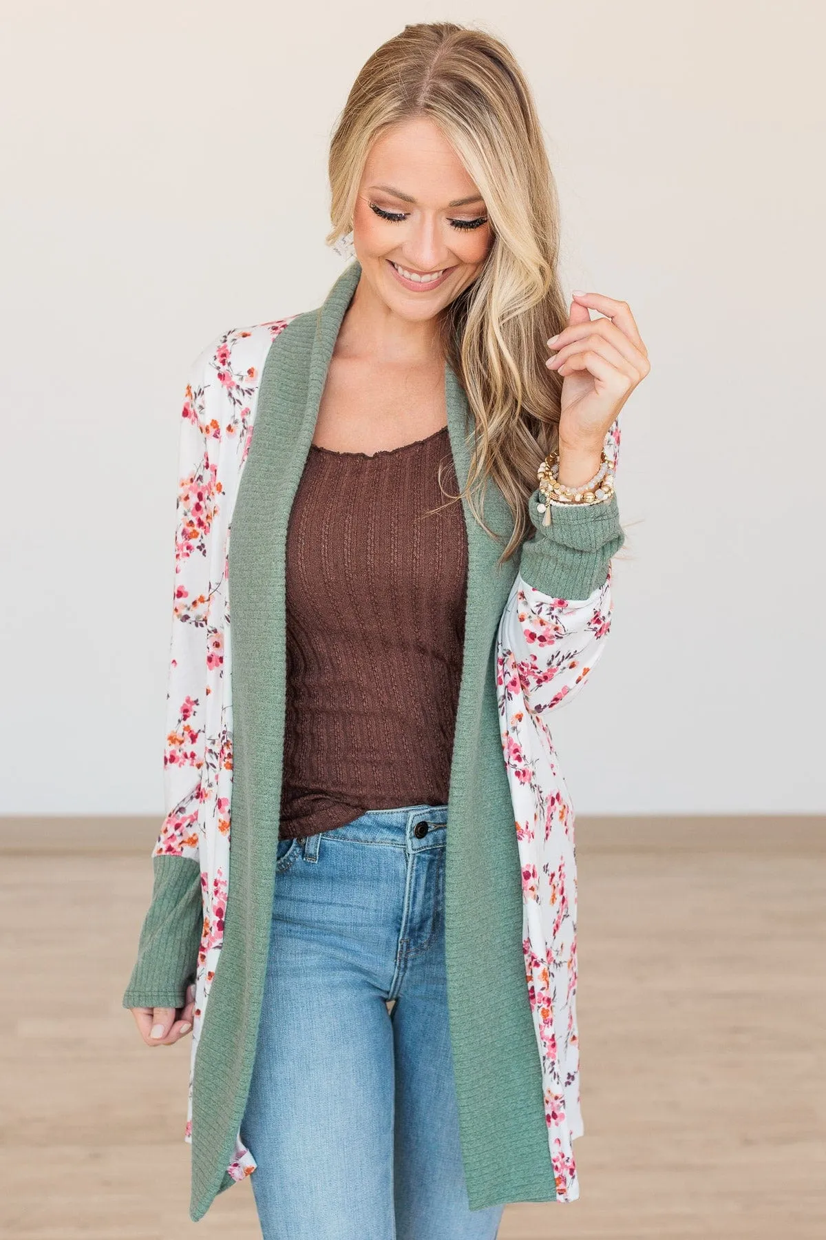 Soft For The Soul Floral Cardigan- Ivory & Sage