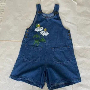 SunBelt Denim overalls Painted white daisies Front pockets Decorative buttons S