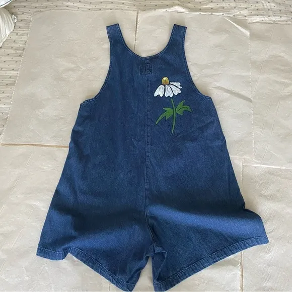 SunBelt Denim overalls Painted white daisies Front pockets Decorative buttons S