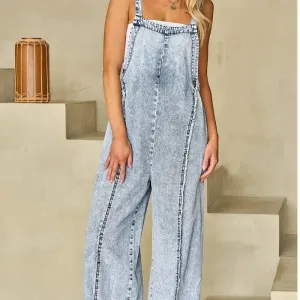The Paisley Light Wash Frayed Denim Overalls