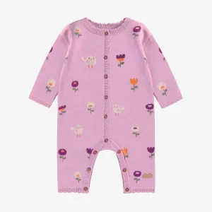 Une pièce rose violacé à motifs jacquard en tricot, naissance || Purplish pink one-piece with jacquard all over print in knit, newborn
