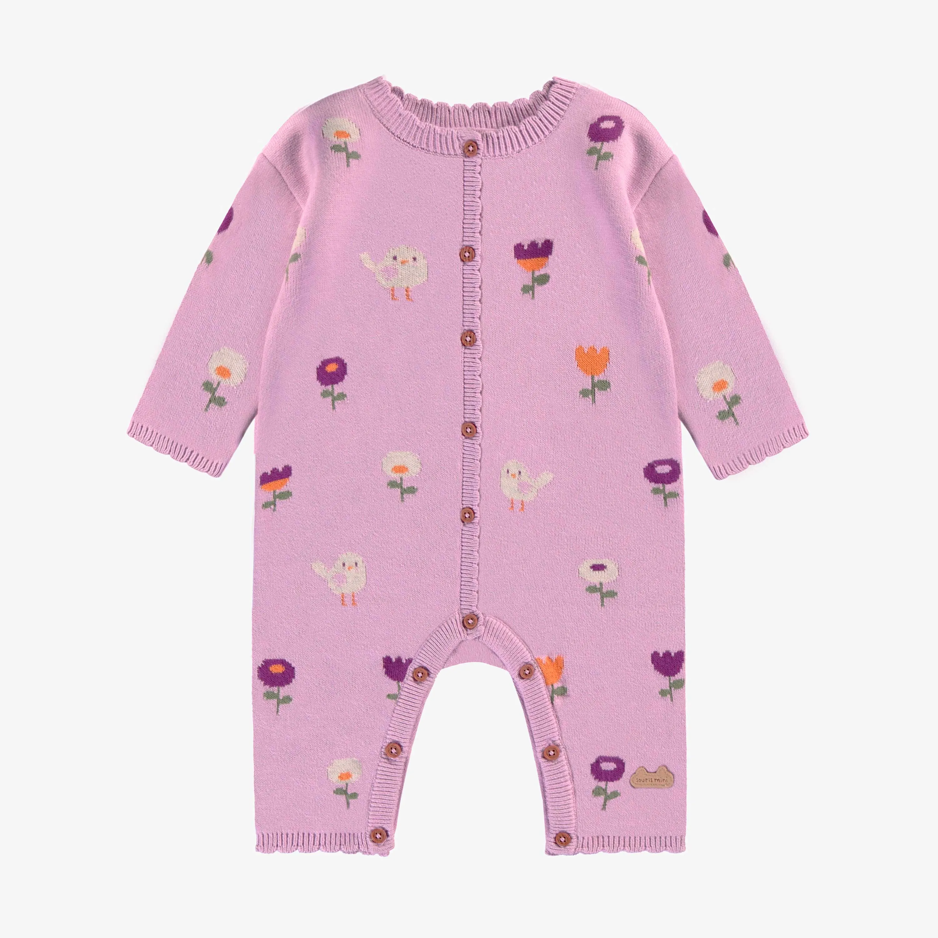 Une pièce rose violacé à motifs jacquard en tricot, naissance || Purplish pink one-piece with jacquard all over print in knit, newborn